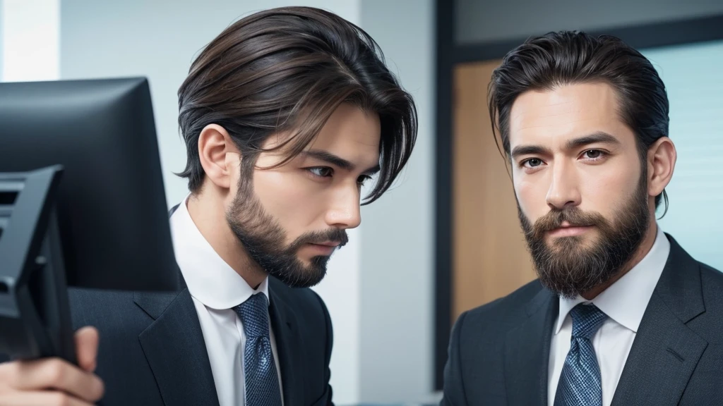 suitを着た美しい男性 , Beautiful beard , short hair, Sexy executive man, suit, fondo de office, office, elegant, Detailed face, office elegant,