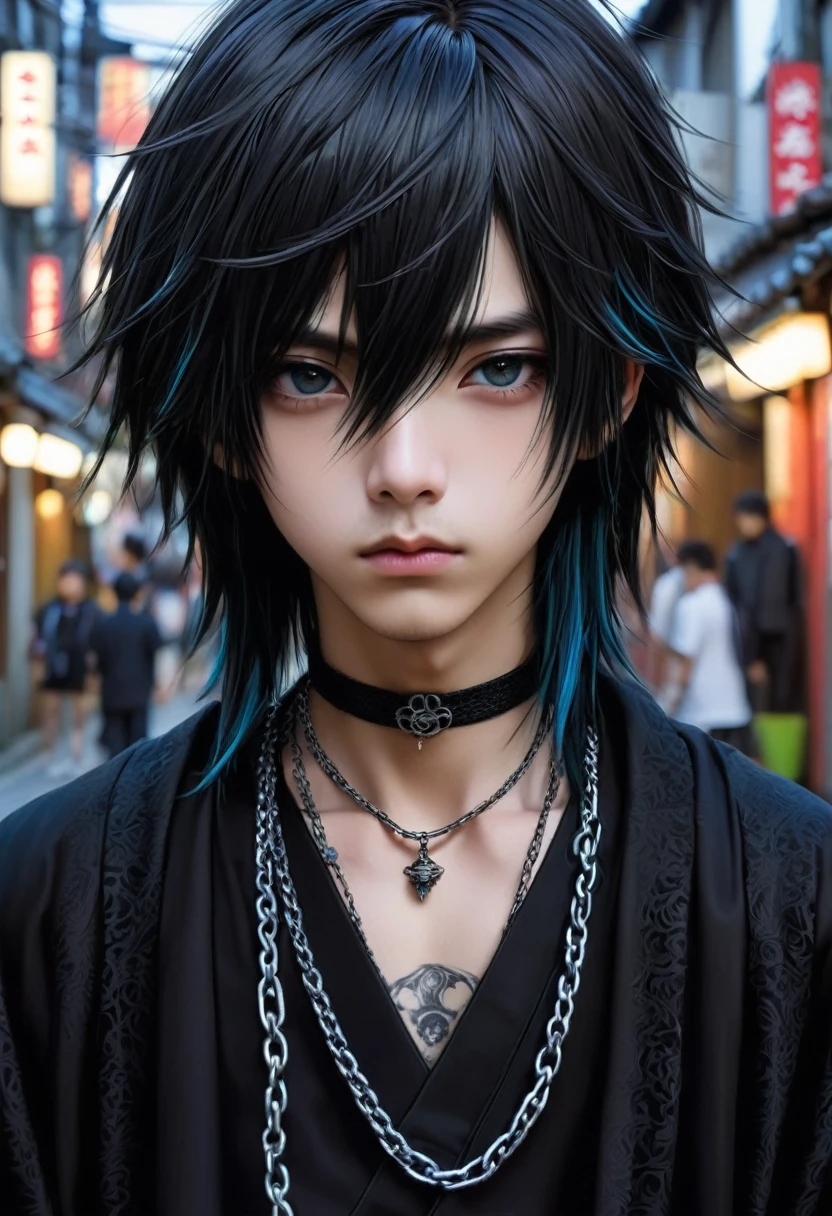 Japanese boy gothic style, de roupa preta, cabelo preto liso, pelo realista, adulto, olhos azuis, chains on the neck, andando na rua 