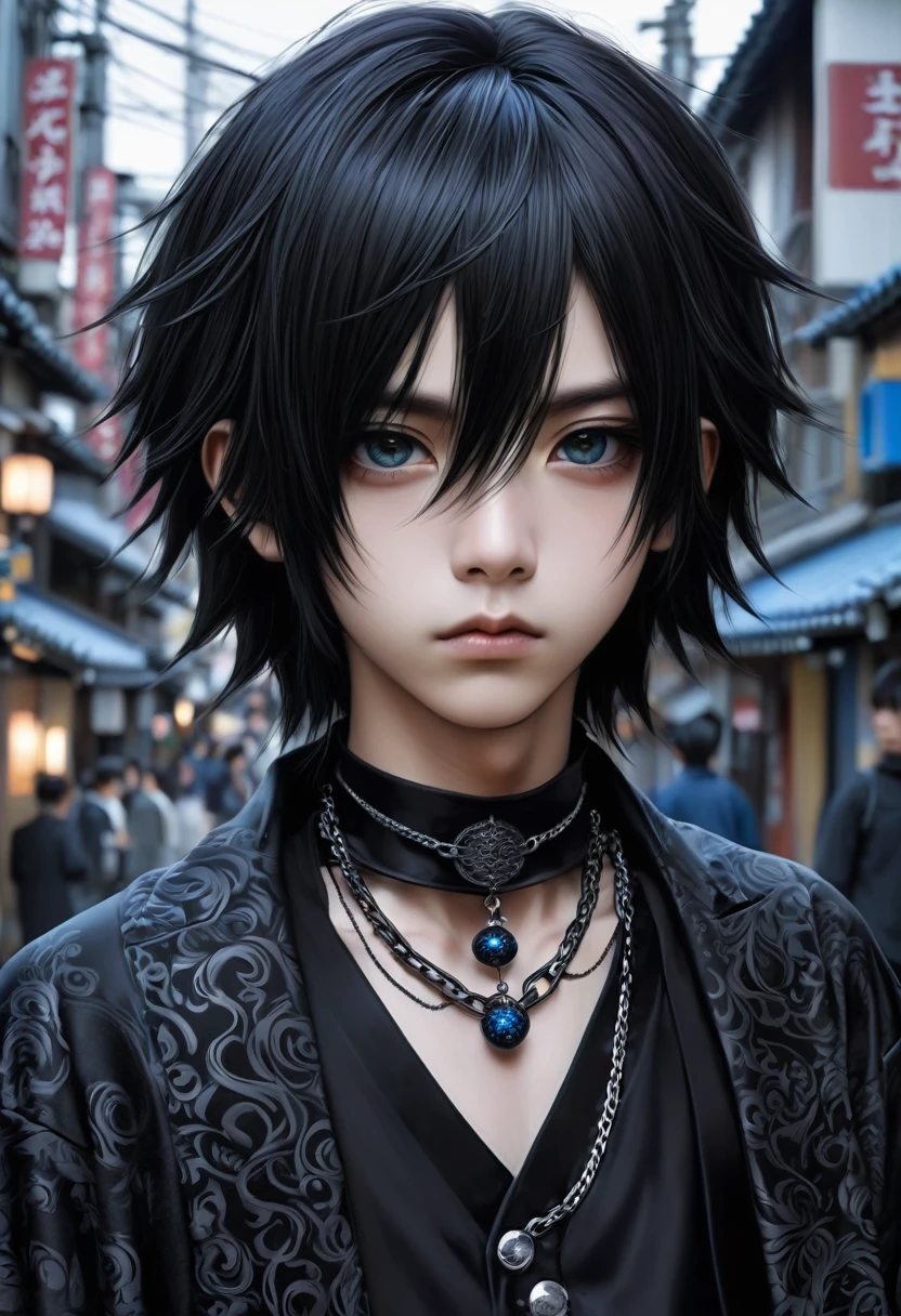 Japanese boy gothic style, de roupa preta, cabelo preto liso, pelo realista, adulto, olhos azuis, chains on the neck, andando na rua 