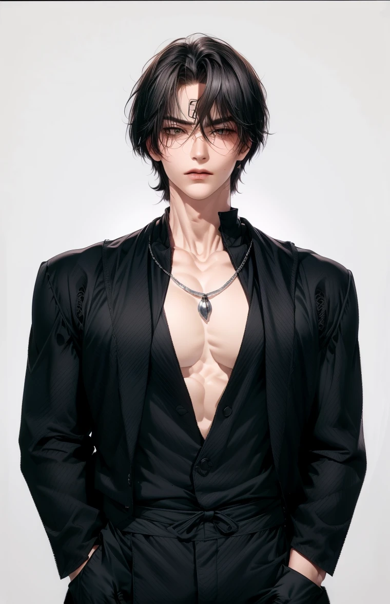(masterpiece,best quality,ultra_detailed,highres,absurdres),1boy, solo, white hair,chain, shirt, grey eyes, upper body, vest, short hair, looking at viewer, round eyewear, long sleeves, hand on own shoulder, brown vest, monocle, jewelry (looking away:1.2) black hair, same hairstyle, skeleton head pendant, silver chain,