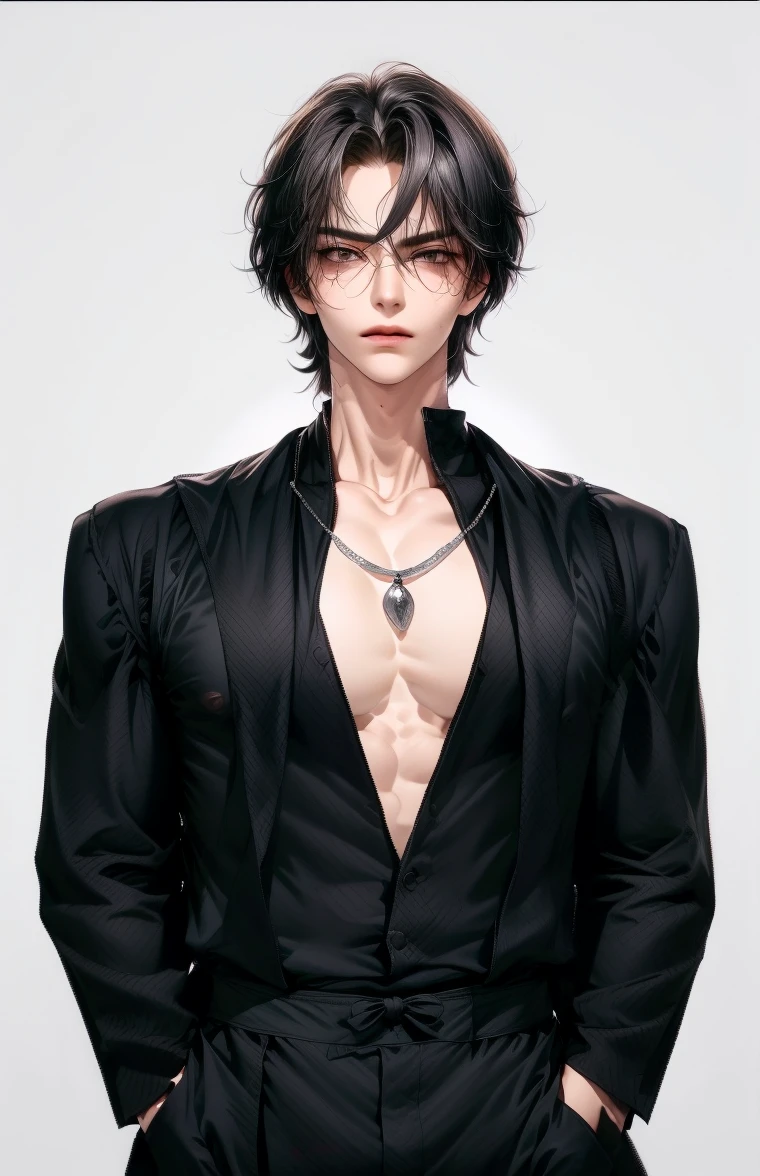 (masterpiece,best quality,ultra_detailed,highres,absurdres),1boy, solo, white hair,chain, shirt, grey eyes, upper body, vest, short hair, looking at viewer, round eyewear, long sleeves, hand on own shoulder,  brown vest, monocle, jewelry (looking  away:1.2) black hair, same hairstyle, skeleton head pendant, silver chain,