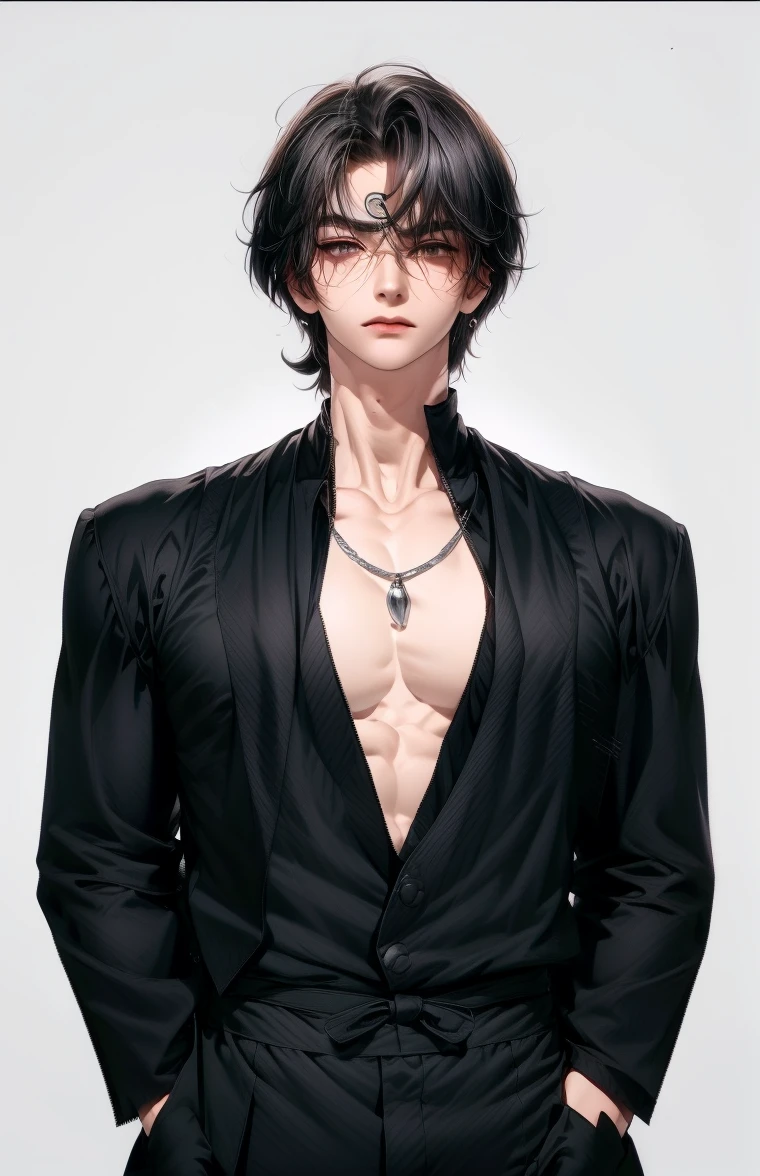 (masterpiece,best quality,ultra_detailed,highres,absurdres),1boy, solo, white hair,chain, shirt, grey eyes, upper body, vest, short hair, looking at viewer, round eyewear, long sleeves, hand on own shoulder,  brown vest, monocle, jewelry (looking  away:1.2) black hair, same hairstyle, skeleton head pendant, silver chain,