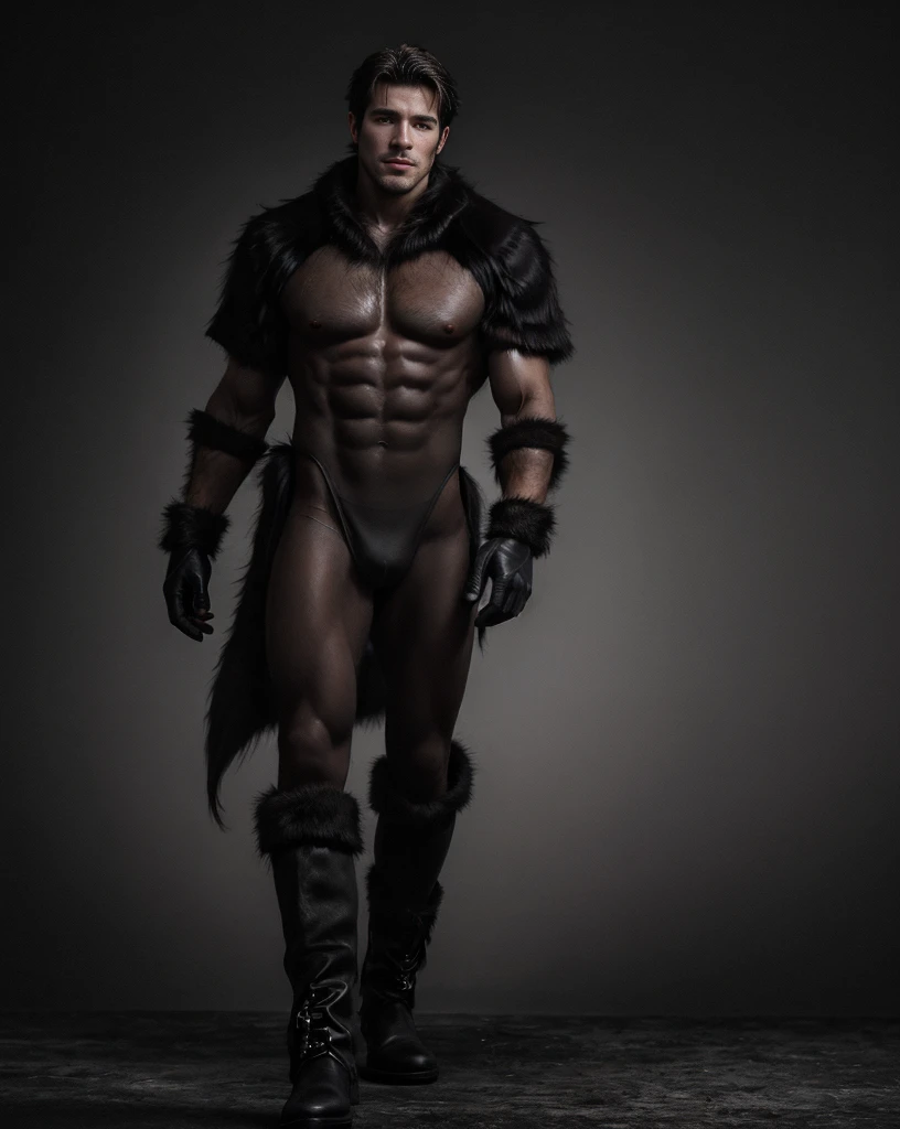 A naked werewolf muscular with short hair was changing. His body fur bodysuit. His hands were full of long nails. He stand in black background. His face was that of a handsome Caucasian man with short hair. He wear fur boots, black fur gloves