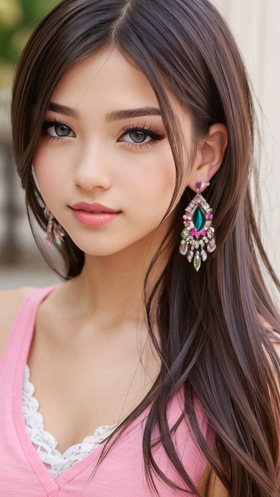 beautiful girl, brown eyes, beautiful slim teenage girl 18 year old woman, hair color [Brown highlights hair], [undercut pixie] hair, earrings, lips, realistic, narrow waist, charming, pink lipstick, colorful makeup, long eyelashes, earrings, fair skin, (cute), (detailed face), detailed eyes, detailed iris, (large breasts:1.2), minidress