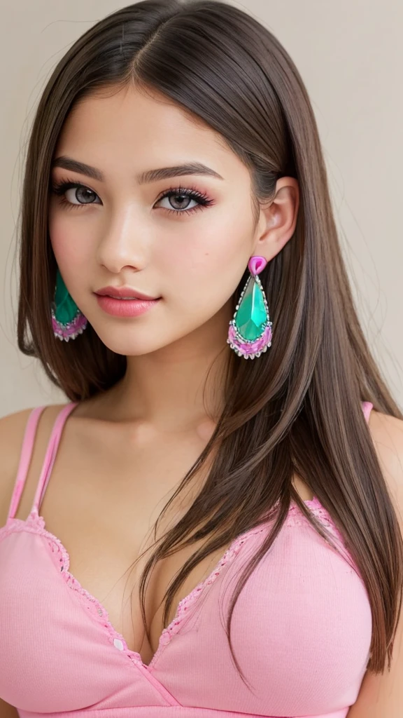 beautiful girl, brown eyes, beautiful slim age girl 18 year old woman, hair color [Brown highlights hair], [undercut pixie] hair, earrings, lips, realistic, narrow waist, charming, pink lipstick, colorful makeup, long eyelashes, earrings, fair skin, (cute), (detailed face), detailed eyes, detailed iris, (large breasts:1.2), minidress