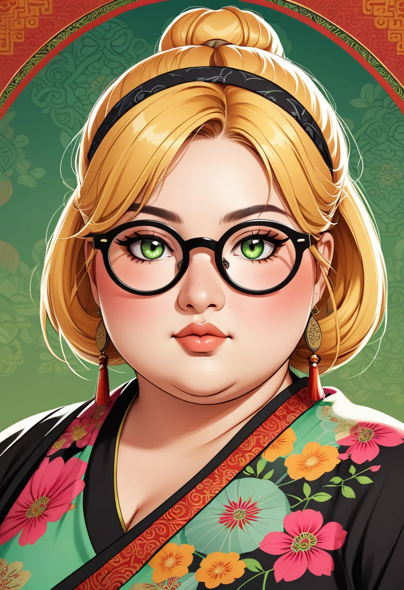 A fat girl, Blonde with green eyes, hair just above shoulders without bangs, round facial features, glasses with black square frames Oriental clothing, Indian clothing style