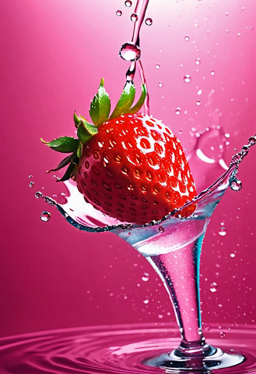 refrescante, fresa brillante vibrante, flotando en el agua, dew drops, pink lighting, brilla en el agua, refrescante , in the style of a product hero filmed in motion, dynamic magazine advertisement image, photorealism, fondo de agua que fluye, luz solar, brillando en el agua