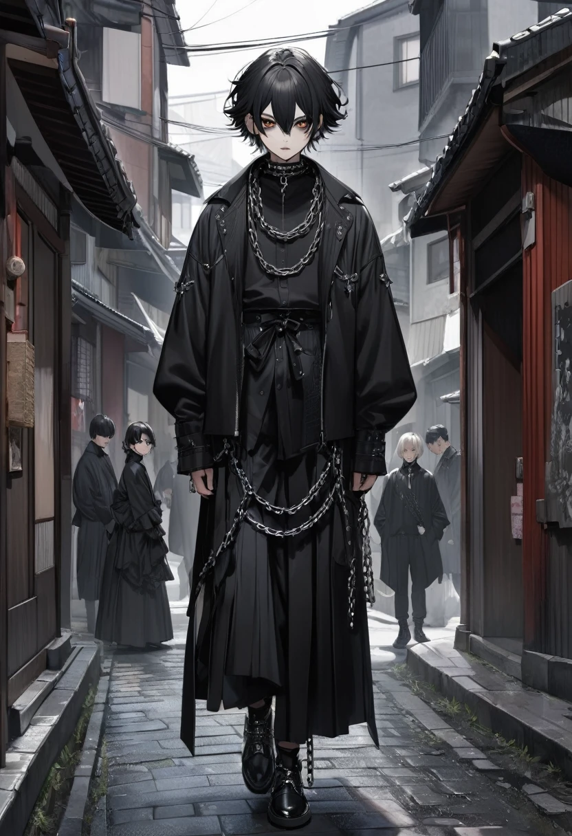 Japanese boy gothic style, de roupa preta, cabelo preto liso, pelo realista, adulto, olhos azuis, chains on the neck, andando na rua 