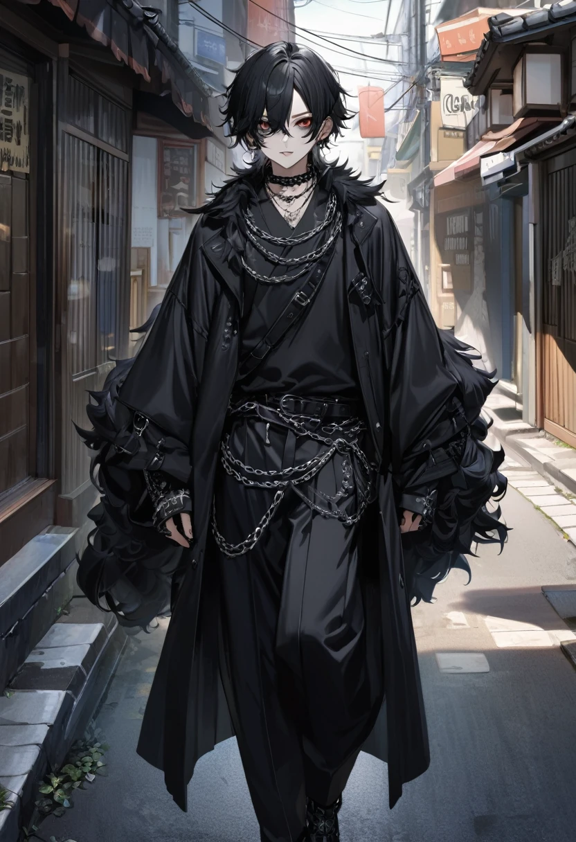 Japanese boy gothic style, de roupa preta, cabelo preto liso, pelo realista, adulto, olhos azuis, chains on the neck, andando na rua 