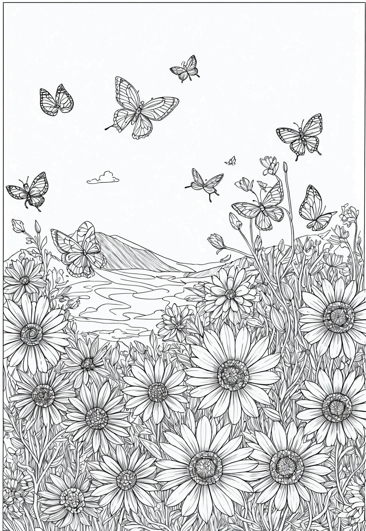 grey and white only, Book page coloring art, All-white background, Use only outlines, line art, coloring book, Clean line art, For coloring Simple and clean line art, coloring book page, perfect symmetric details, Butterfly Meadow: A meadow filled with colorful wildflowers and butterflies fluttering around, with a clear blue sky and a distant view of rolling hills.
