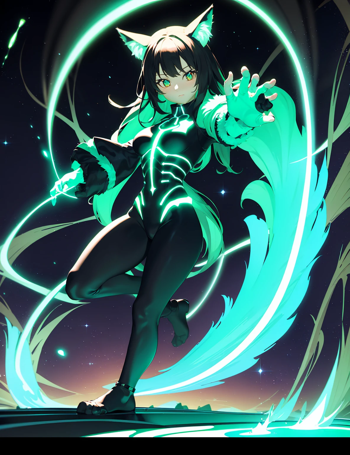 (best quality, ultra-high resolution, depth of field:1.2), (full body shot:1.2), (perfect body:1.2), (medium breasts:1.2), beautiful face, (18 years old), (fox woman), radiant eyes, (beautiful smile), (black hair), animal ears, (fluffy fox ears), (fluffy fox tail), (wearing capoeira costume:1.2), (fingerless gloves:1.2), night time, (multiple points of views), standing, dynamic pose, (bioluminescence:1.2),masterpiece,score_9,score_8_up,best quality,incredibly absurdres,anime