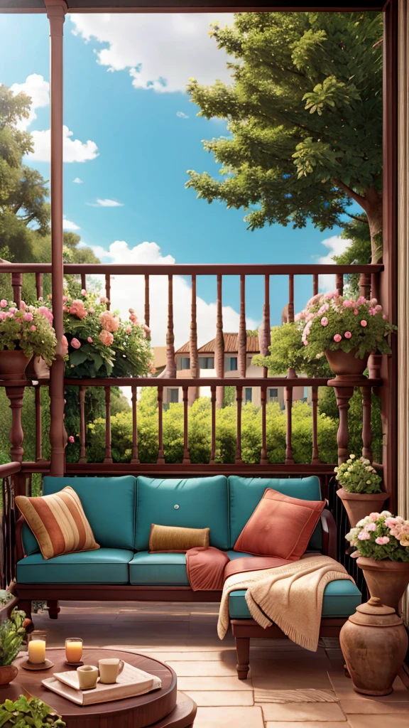 Balcony with sofa, trees and flowers