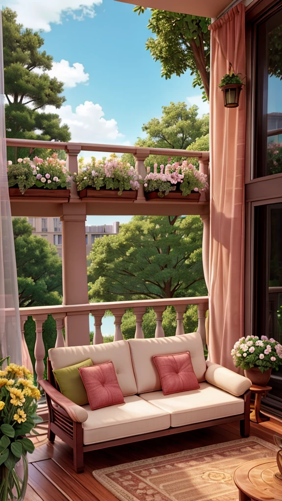 Balcony with sofa, trees and flowers