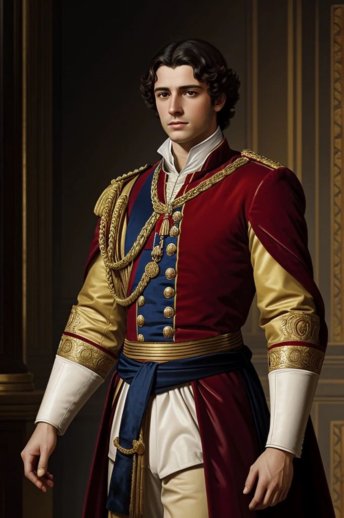 Create concept art of a 20 year old Spanish king in a mix of 1830's green Austrian and German uniform white pants Austrian imperial guard helmet with feathers on top
