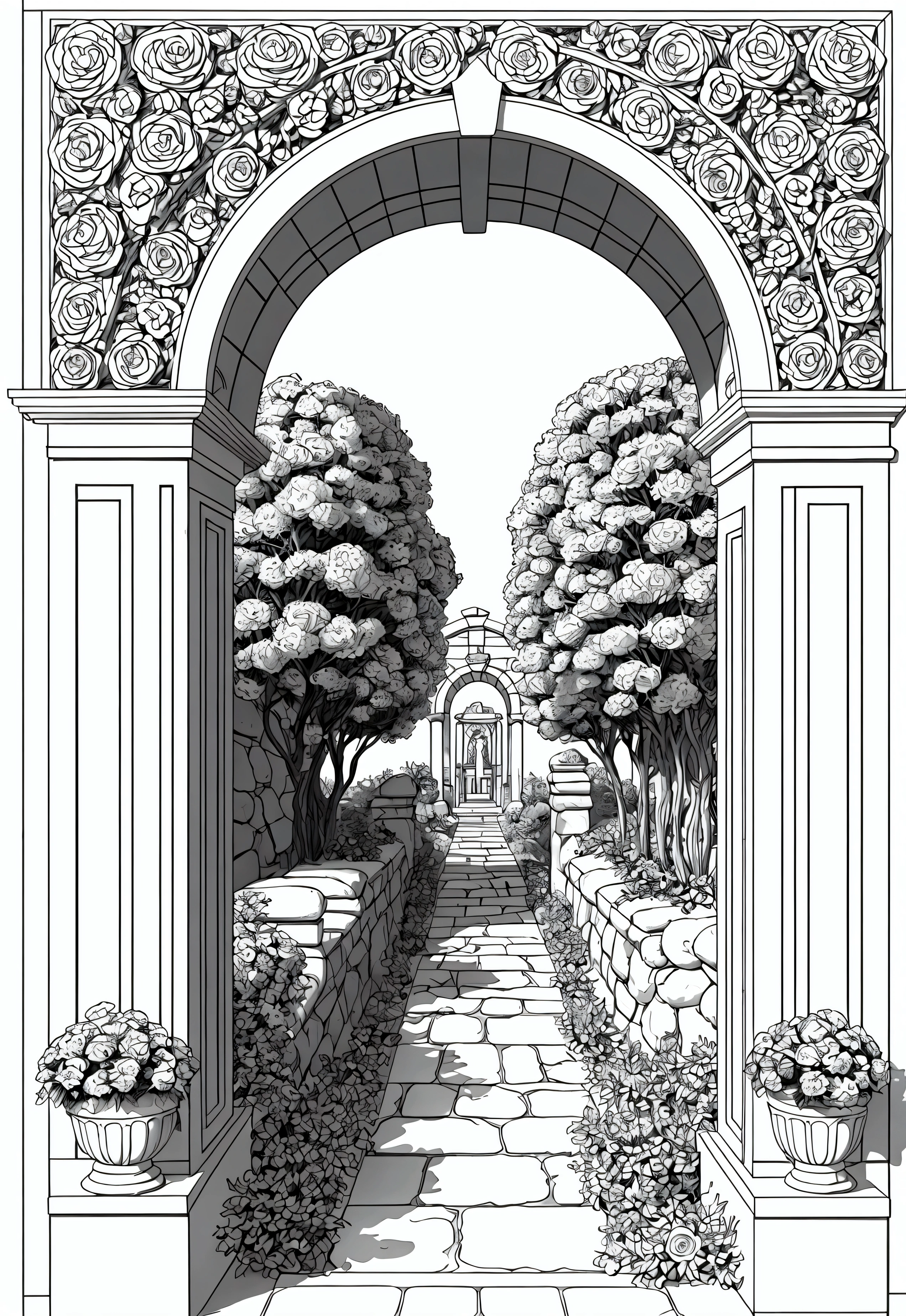 grey and white only, Book page coloring art, All-white background, Use only outlines, line art, coloring book, Clean line art, For coloring Simple and clean line art, coloring book page, perfect symmetric details, Stone Pathway: A winding stone pathway leading through a lush garden with blooming flowers, an archway covered in climbing roses, and a wooden bench.