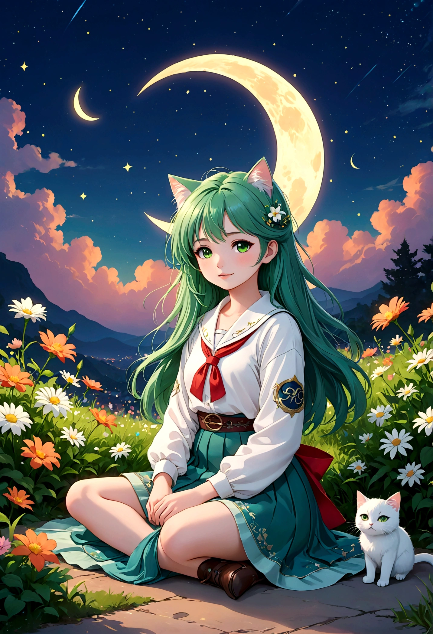 anime character,Woohoo,green hair,shirt collar,anime character,Woohoo,green hair,shirt collar, In a magical nighttime setting illuminated by the soft glow of the crescent moon, a beautiful and cute girl is dozing off. She sits cross-legged on the ground, surrounded by flowers, with her mouth slightly open in a serene expression of sleepiness. The girl is wearing an outfit that evokes a sense of gentle warmth, detailed with a specific style and color that blend harmoniously with the dreamlike ambiance. Her hairstyle is intricately designed, with the hair color perfectly complementing her overall look. The shoes and skirt are carefully chosen to match, with the skirt’s color and style adding to the aesthetic appeal of the scene. Next to her, a cute white cat also shares this peaceful moment, adding to the warm, heartwarming atmosphere. This scene, rendered in Japanese anime style, aims to capture a moment of quiet beauty and magical essence, emphasizing the girl's outfit, hair, and accessories in vivid detail. The girl and cat are enveloped by a vibrant, yet softly toned, colorful sky filled with twinkling stars and a crescent moon.“