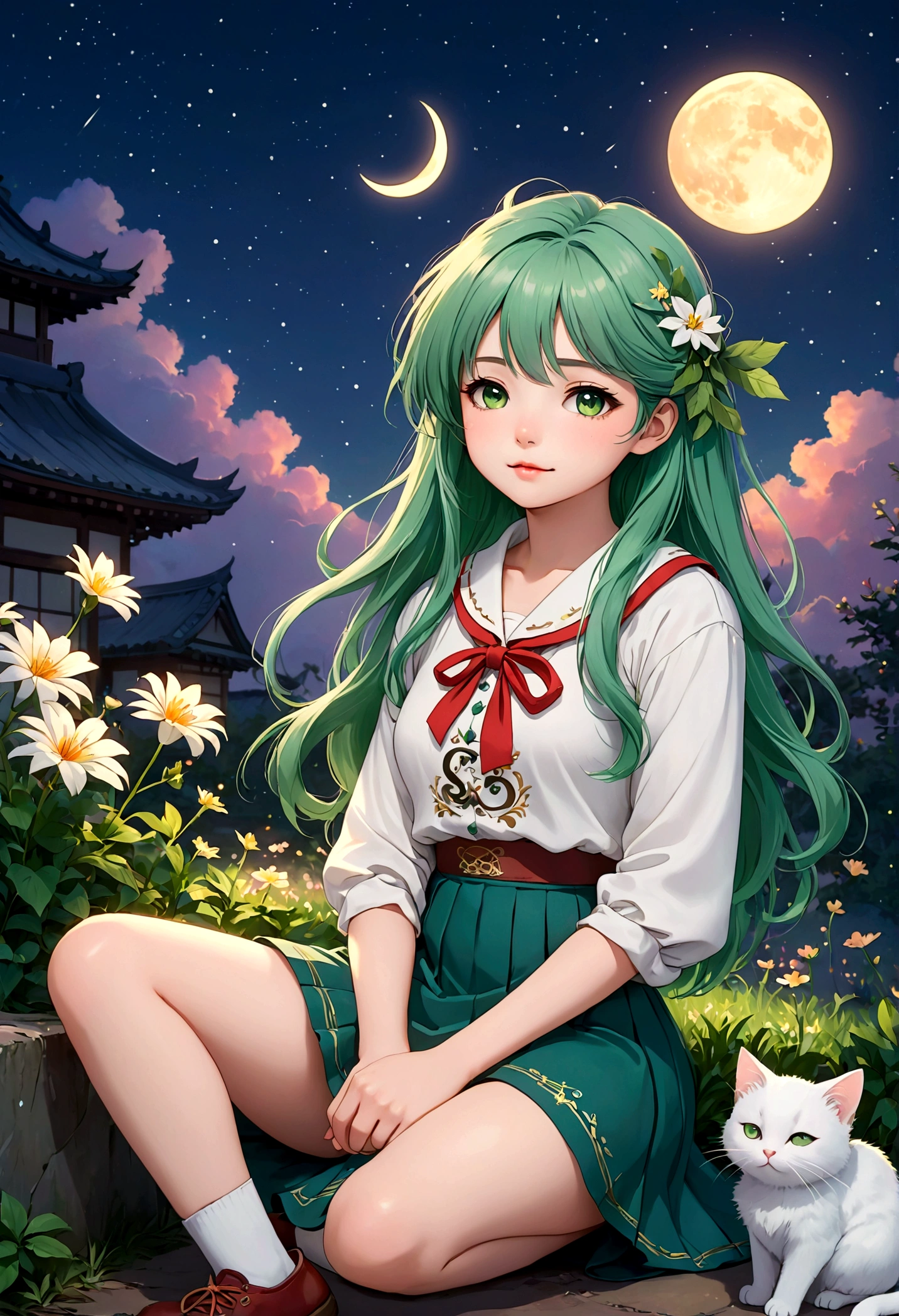anime character,Woohoo,green hair,shirt collar,anime character,Woohoo,green hair,shirt collar, In a magical nighttime setting illuminated by the soft glow of the crescent moon, a beautiful and cute girl is dozing off. She sits cross-legged on the ground, surrounded by flowers, with her mouth slightly open in a serene expression of sleepiness. The girl is wearing an outfit that evokes a sense of gentle warmth, detailed with a specific style and color that blend harmoniously with the dreamlike ambiance. Her hairstyle is intricately designed, with the hair color perfectly complementing her overall look. The shoes and skirt are carefully chosen to match, with the skirt’s color and style adding to the aesthetic appeal of the scene. Next to her, a cute white cat also shares this peaceful moment, adding to the warm, heartwarming atmosphere. This scene, rendered in Japanese anime style, aims to capture a moment of quiet beauty and magical essence, emphasizing the girl's outfit, hair, and accessories in vivid detail. The girl and cat are enveloped by a vibrant, yet softly toned, colorful sky filled with twinkling stars and a crescent moon.“