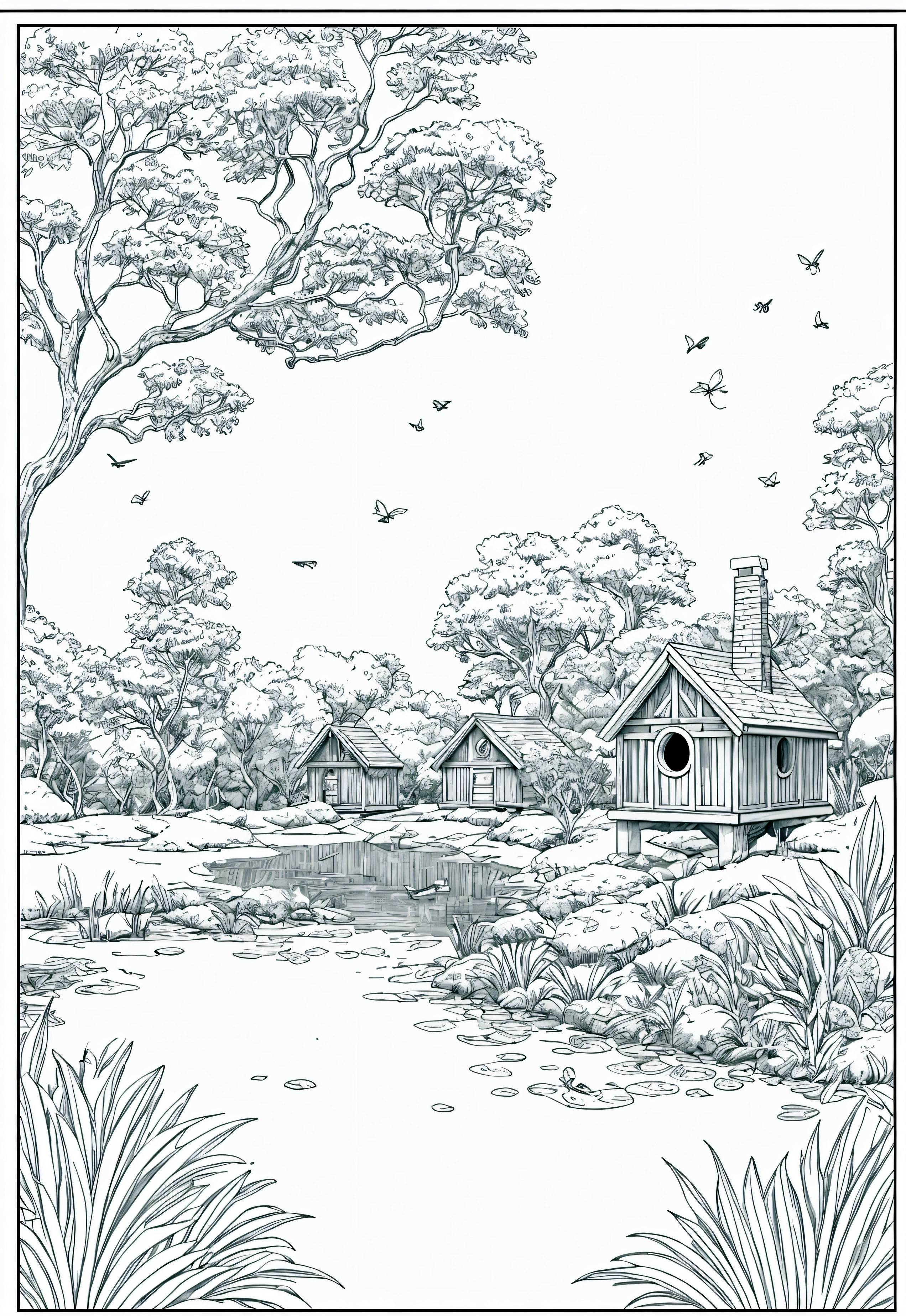 grey and white only, Book page coloring art, All-white background, Use only outlines, line art, coloring book, Clean line art, For coloring Simple and clean line art, coloring book page, perfect symmetric details, Birdwatching Spot: A serene spot by a pond with birdhouses, bird feeders, and various species of birds, surrounded by trees and bushes.
