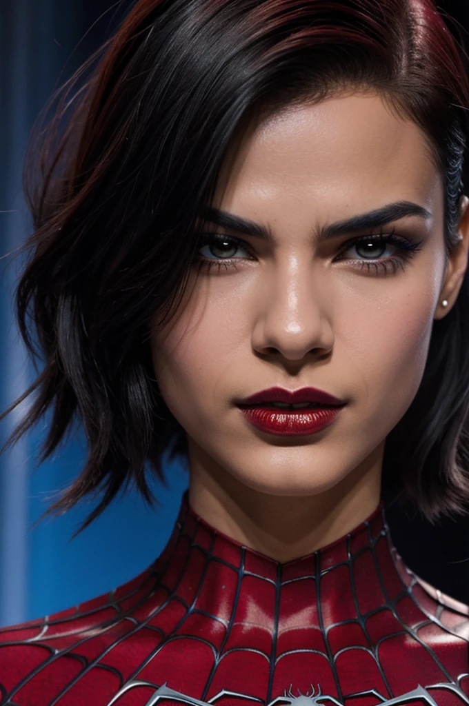 Spiderman comic book panel, androgynous looking girl, cabello negro corto, desordenado, ojos color granate usando labial rojo