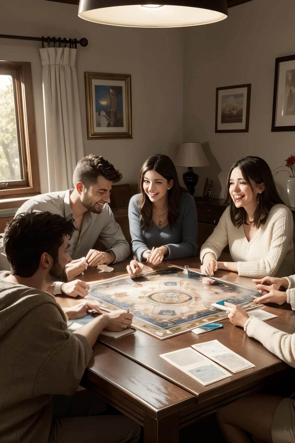 Illustrate a high-resolution, ultra-realistic image of a group of friends or family members gathered around a table, playing a board game. Use colored pencil and ink to capture the laughter, the warmth of indoor lighting, and the cozy ambiance as rain falls steadily outside the window.

, Watercolor, trending on artstation, sharp focus, studio photo, intricate details, highly detailed, by greg rutkowski