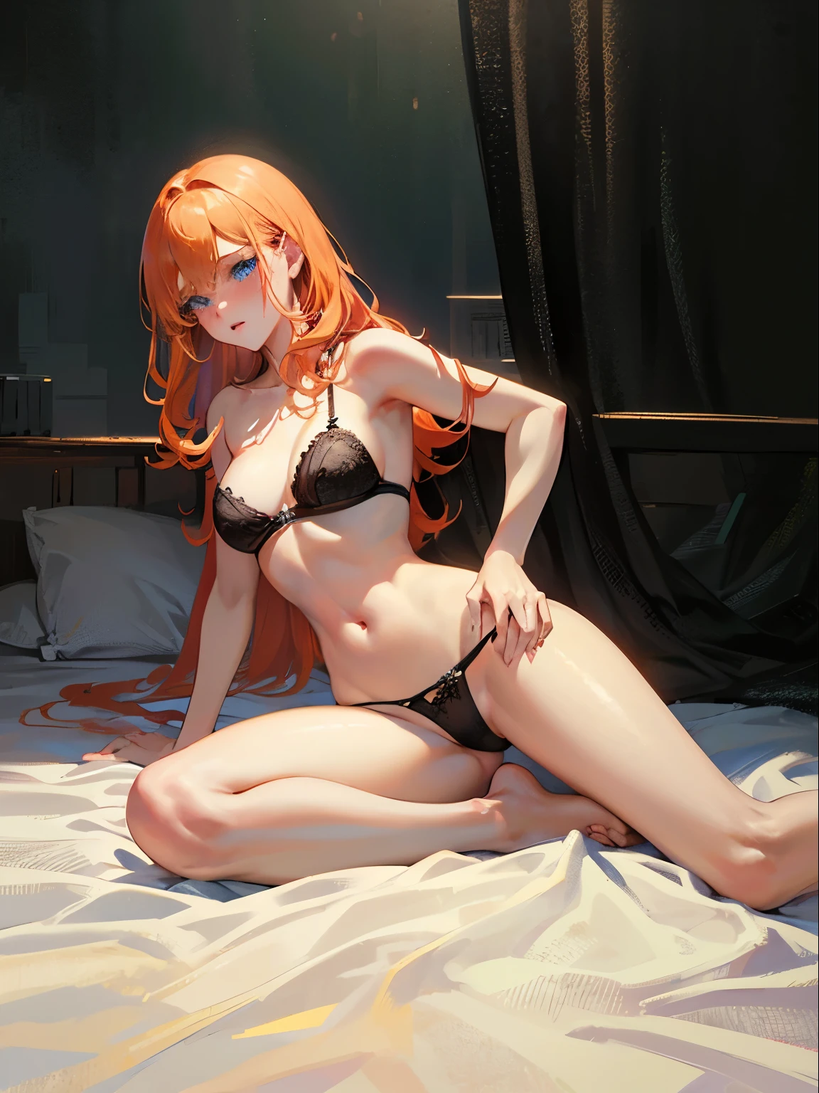 Hard NSFW, , ((wavy hair, pale skin, long light ginger hair),((light blue eyes)), freckles, warm light,( ),,Naked,busty,Glamour,Gorgeous,monochromes,erotic posing,Dynamic Posing,Arrange Pose,Dramatic,Cinematic,Detailed background, Dynamic Angle,From the angle of the film,Gothic background, Dark fantastic view,Best Quality,masutepiece,8K,The ultimate detailed dark background, Top image quality、RAW photography、超A high resolution,cropped shoulders, overall look is very erotic、Shot for one person only, model shoot, Large round chest, Beautiful Eyes of Details、Very slender eyes、Beautiful eyelashes、Very slim physique, with blush cheeks, black bra and panties