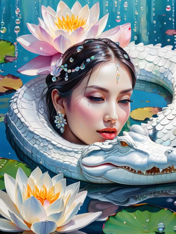 karina aespa, a women, white crocodile, lake, lotus, Colorful colors, surrounded by water bubbles, in the style of Kawacy, Masterpiece, Oil painting drawn in realis style, head close - up, exaggerated perspective, Tyndall effect, water drops, mother - of - pearl iridescence, Holographic white,