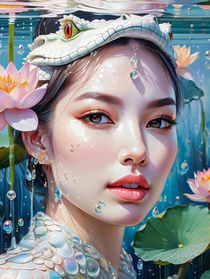 karina aespa, a women, white crocodile, lake, lotus, Colorful colors, surrounded by water bubbles, in the style of Kawacy, Masterpiece, Oil painting drawn in realis style, head close - up, exaggerated perspective, Tyndall effect, water drops, mother - of - pearl iridescence, Holographic white,