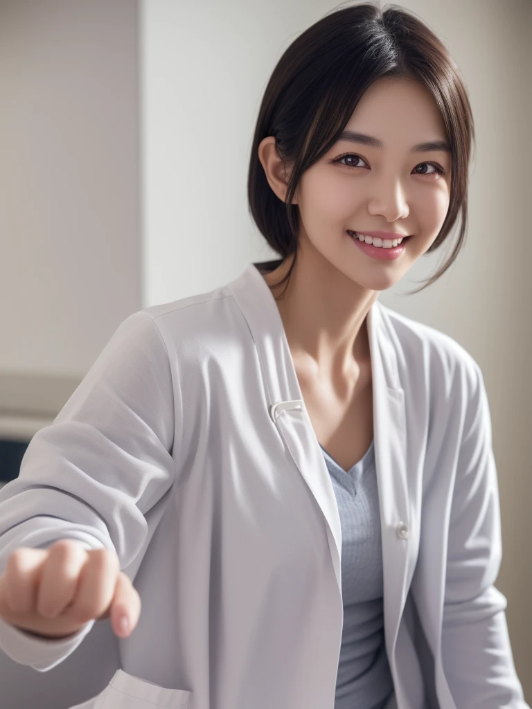 modern hospital room, 1girl, beautiful slim Japanese woman, wearing (white lab coat:1.47), navy blue scrubs, solid circle eyes, ccurate, sparkling eyes, (((fingersmile))), (medium shot), high detail, photo-realistic:1.37, 8k, super detail, best quality, masterpiece, anatomically correct, super detail, textured skin, extremely detailed face and eyes, detailed facial features, ((perfect face))