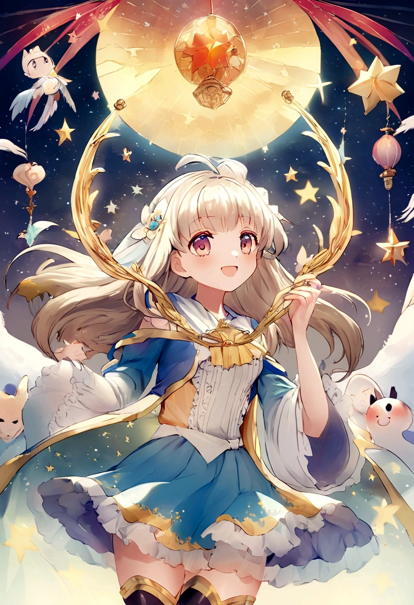 dois rapazes, ambos explorando uma cena noturna cheia de maravilhas. Add a starry sky with smiling stars, e coloquei uma lua amiga assistindo a cena com um olhar carinhoso. Ademais, Insert a translucent spirit, Friendly and bright appearance, as a magical guide on the characters' nightly journey. Use a palette of soft and vibrant colors to create a cheerful and magical environment, Perfectly suitable for children. Let your creativity flow and capture the sense of adventure and mystery.