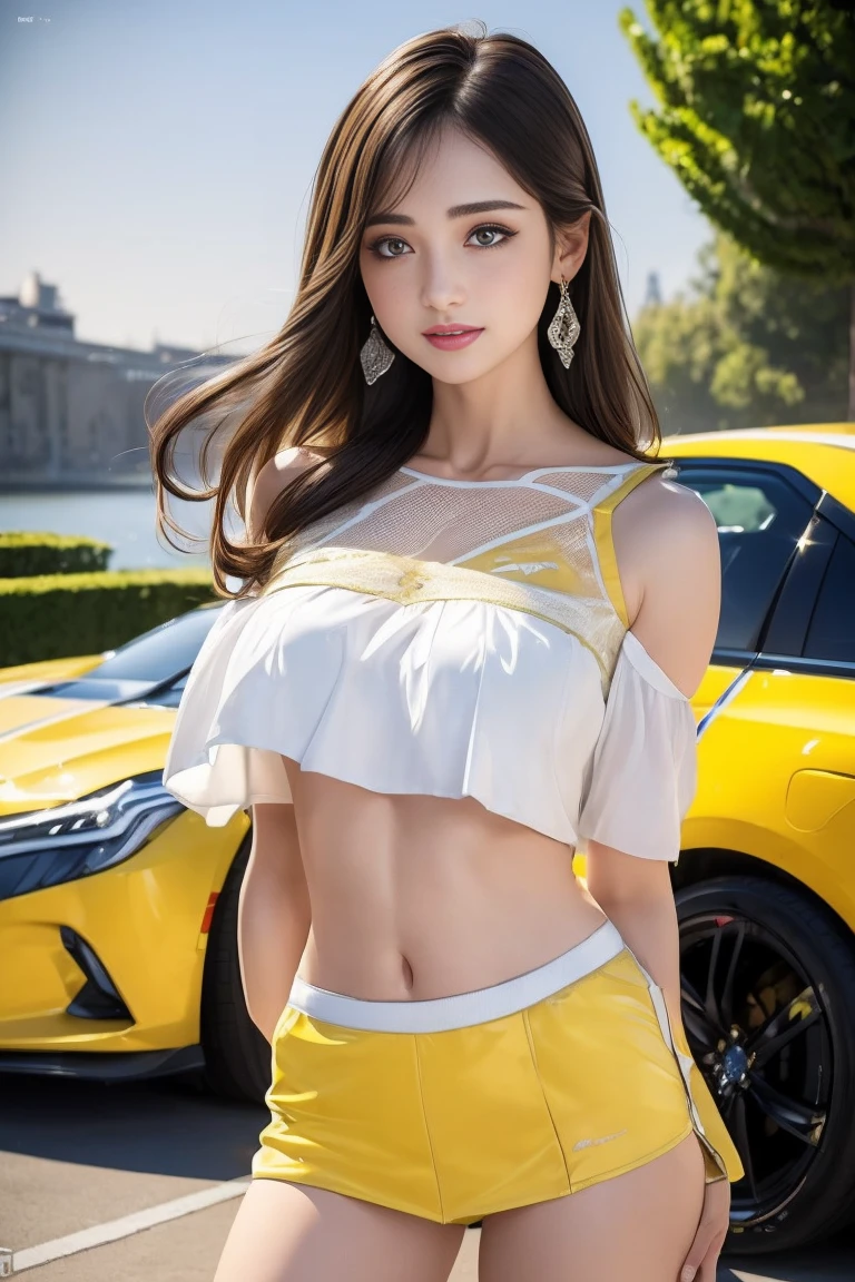 (((One-shoulder mesh girls outfit))),(((Dynamic pose))),(((Abdominal Peek))),(((Show lower chest ))),(((Yellow and white miniskirt lift))),(((Bare inner thighs))),(((Formula One racing car display))),Ulzzang-6500-v1.1, (Original photo:1.2), (Realistic:1.4), Beautiful and delicate girl, Very detailedな目と顔, Beautiful and delicate eyes,(Pale skin), Very detailed, High resolution, highest quality,masterpiece, Very detailed, 8k wallpaper, wonderful, Fine details, highest quality, There is Light on the face,Light,One Girl,(car truck),Beautiful Eyes,smile,Open your mouth