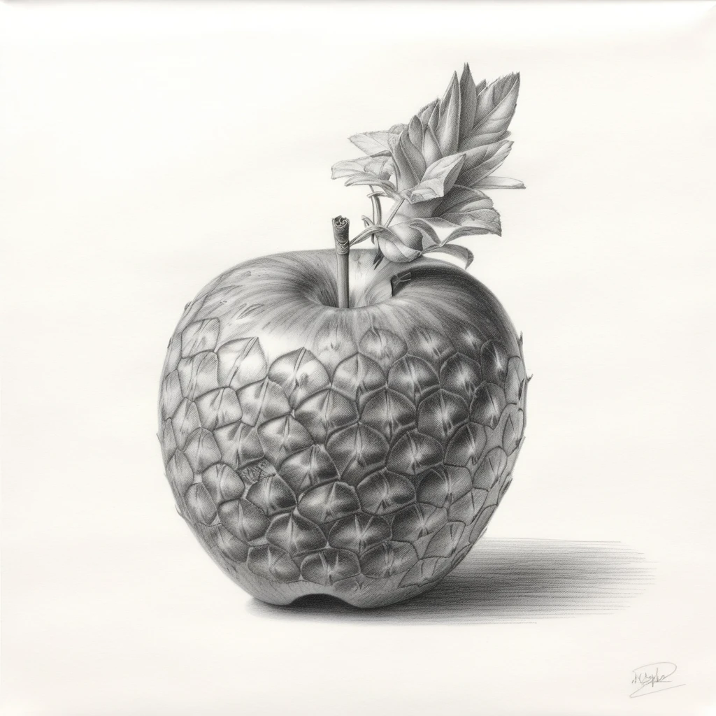 Graphite pencil drawing of an apple:1 AND Graphite pencil drawing of a pineapple:0.6
