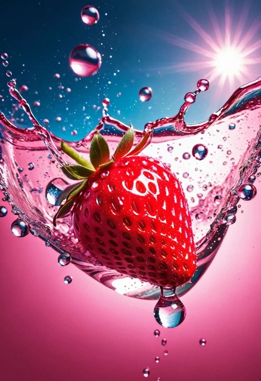 refrescante, fresa brillante vibrante, flotando en el agua, dew drops, pink lighting, brilla en el agua, refrescante , in the style of a product hero filmed in motion, dynamic magazine advertisement image, photorealism, fondo de agua que fluye, luz solar, brillando en el agua