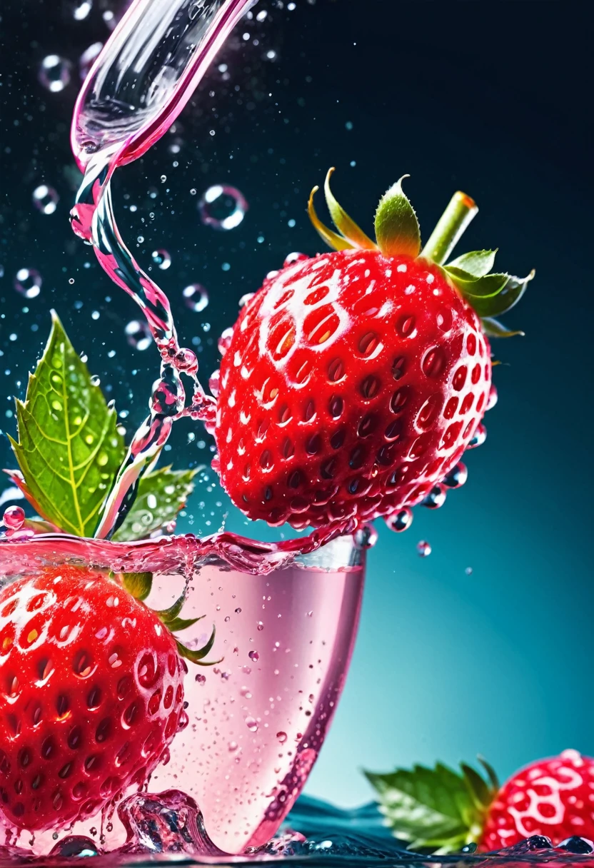 refrescante, fresa brillante vibrante, flotando en el agua, dew drops, pink lighting, brilla en el agua, refrescante , in the style of a product hero filmed in motion, dynamic magazine advertisement image, photorealism, fondo de agua que fluye, luz solar, brillando en el agua