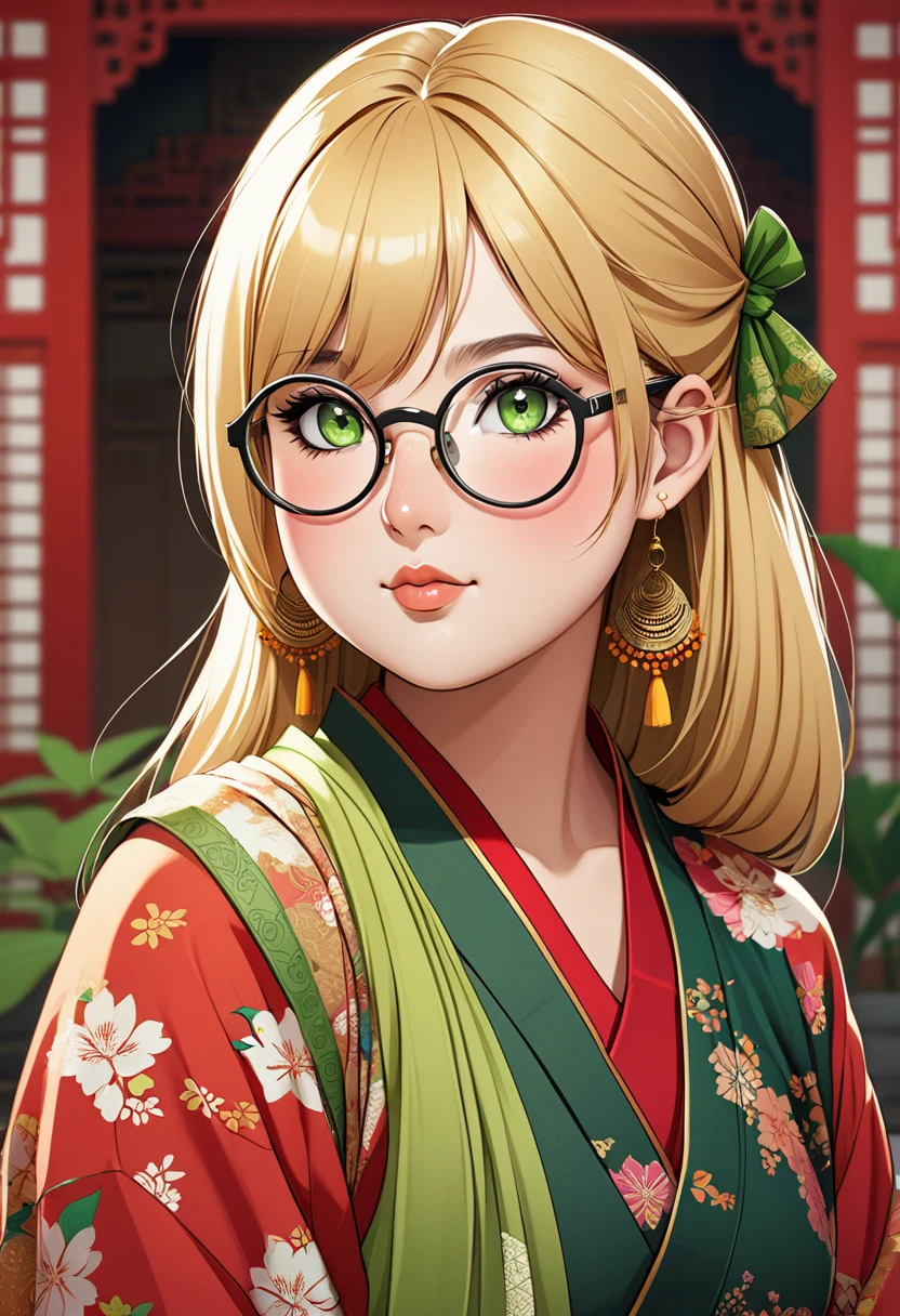 chubby girl, Blonde with green eyes, hair just above shoulders without bangs, round facial features, glasses with black square frames Oriental clothing, Indian clothing style