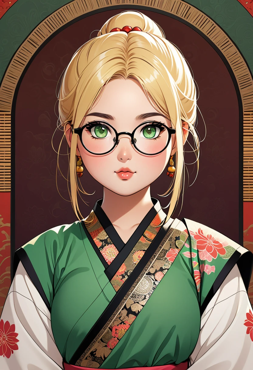 chubby girl, Blonde with green eyes, hair just above shoulders without bangs, round facial features, glasses with black square frames Oriental clothing, Indian clothing style
