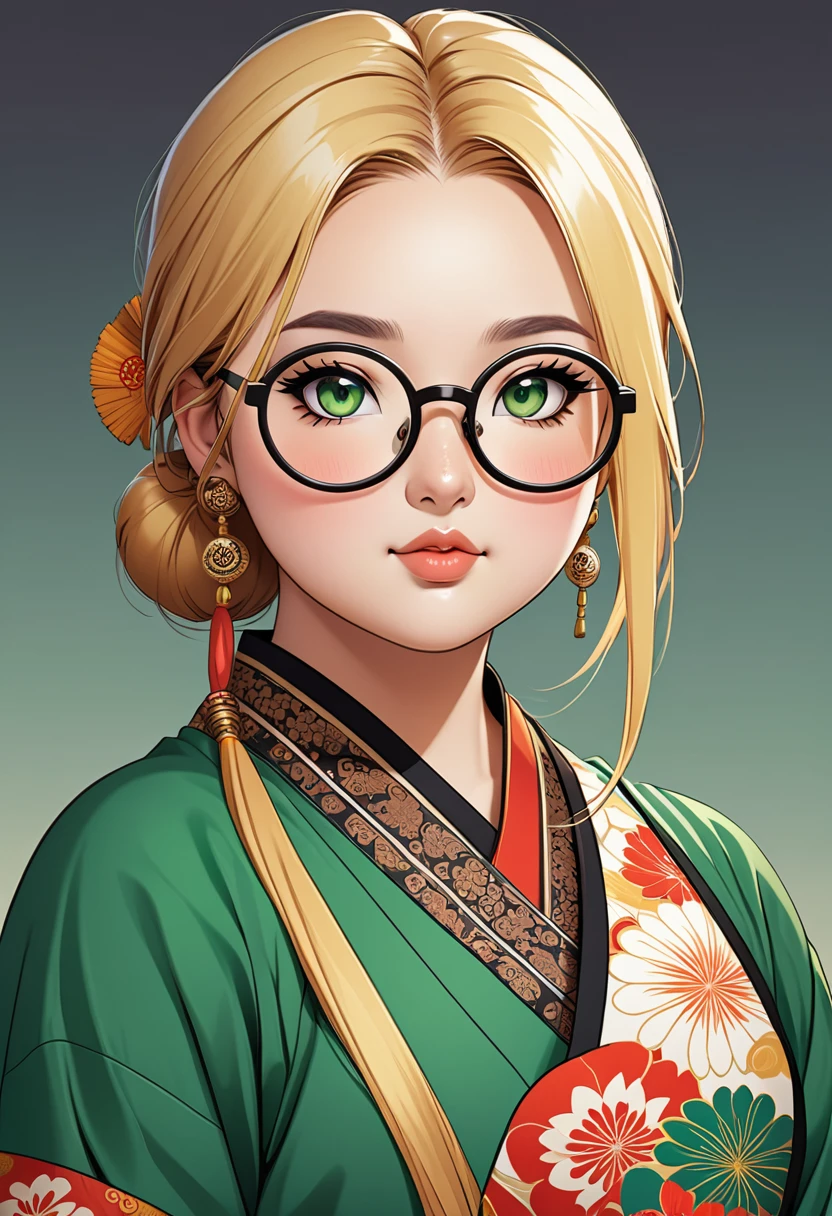 chubby girl, Blonde with green eyes, hair just above shoulders without bangs, round facial features, glasses with black square frames Oriental clothing, Indian clothing style