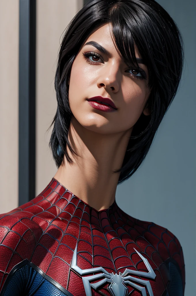 Spiderman comic book panel, androgynous looking girl, cabello negro corto, desordenado, ojos color granate usando labial rojo