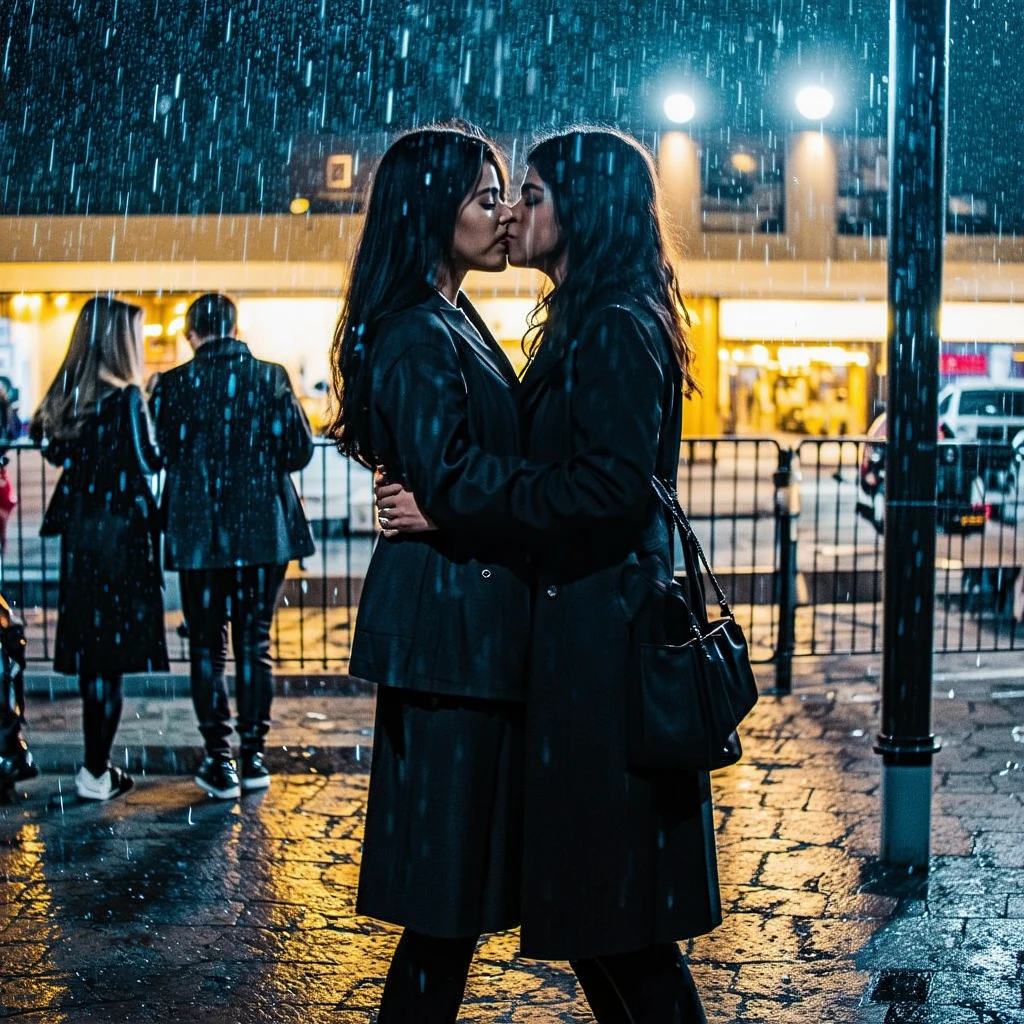 (Best-quality, Masterpiece, Ultra-High-Resolution, (Photorealistic:1.4), Raw Photo, depth of field, professional lighting, perfect anatomies, extremely details), ((late at night, on pitch-black street in heavy-rain, full body shot)), (2girls, ((((kissing each other on mouth)))), ((girl1, 15-years-old, the most famous Japanese idol, extremely wet short-cut-hair from heavy-rain, wearing extremely wet Japanese-high-school-uniform from heavy-rain), (girl2, 35-years-old, the most famous Japanese actress, (extremely wet long-hair from heavy-rain), wearing extremely wet business-suit from heavy-rain))), ((detailed late-at-night):1.3), ((detailed heavy-rain):1.5), ((detailed pitch-dark-street):1.3)