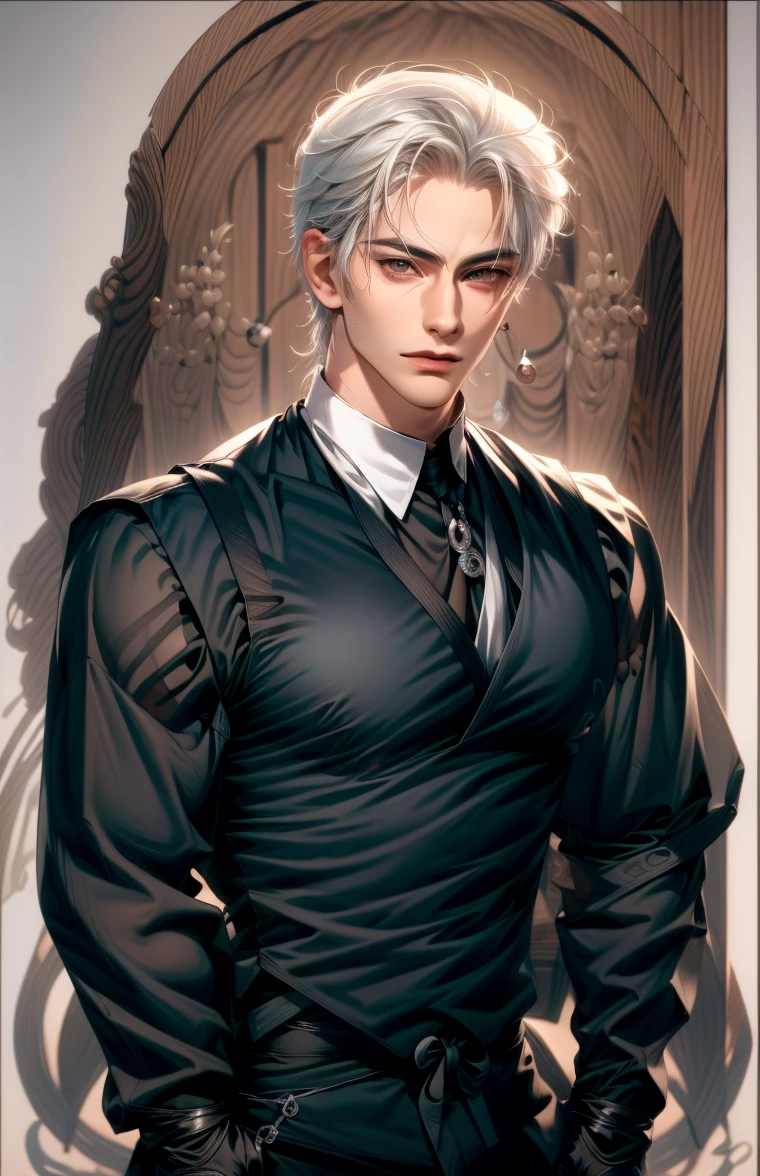 (masterpiece,best quality,ultra_detailed,highres,absurdres),1boy, solo, white hair,chain, shirt, grey eyes, upper body, vest, short hair, looking at viewer, round eyewear, long sleeves, hand on own shoulder,  brown vest, monocle, jewelry (looking  away:1.2) black hair, same hairstyle, skeleton head pendant, silver chain, handsome men face, detailing face