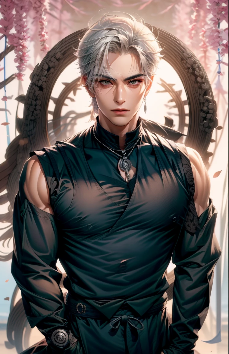 (masterpiece,best quality,ultra_detailed,highres,absurdres),1boy, solo, white hair,chain, shirt, grey eyes, upper body, vest, short hair, looking at viewer, round eyewear, long sleeves, hand on own shoulder,  brown vest, monocle, jewelry (looking  away:1.2) black hair, same hairstyle, skeleton head pendant, silver chain, handsome men face, detailing face