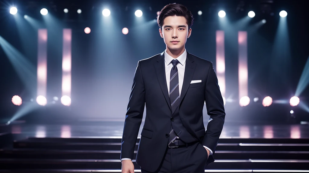Portrait of a man in a business suit, Elegant and charismatic, With stage background, 24-years-old