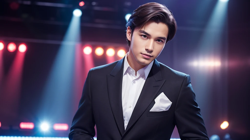 Portrait of a man in a business suit, Elegant and charismatic, With stage background, 24-years-old