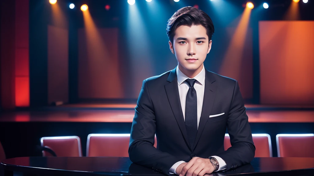 Portrait of a man in a business suit, Elegant and charismatic, With stage background, 24-years-old