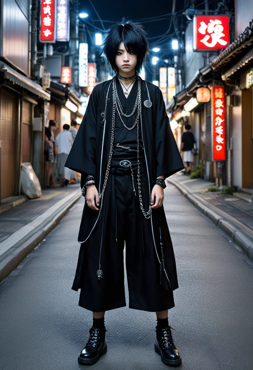 Japanese boy gothic style, de roupa preta, cabelo preto liso, pelo realista, adulto, olhos azuis, chains on the neck, andando na rua