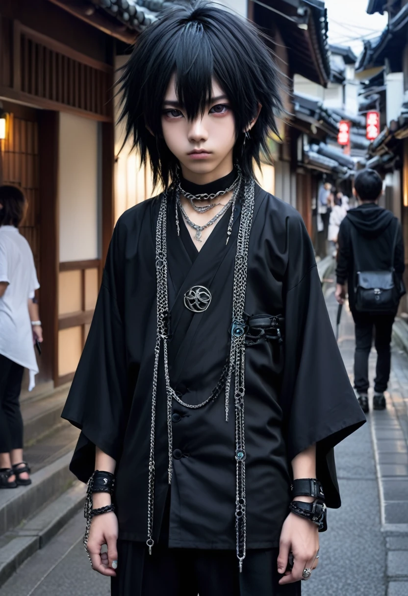Japanese boy gothic style, de roupa preta, cabelo preto liso, pelo realista, adulto, olhos azuis, chains on the neck, andando na rua 