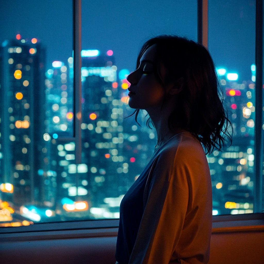 "A room in a high-rise building、There is a large window with a view of the city at night.。The room is dimly lit、A young woman is in the arms of a man。She buried her face in his chest、A tear runs down my cheek from my eye。The man is sleeping with his eyes closed and a calm expression on his face。In the room, as if to symbolize her feelings,、A pale blue light floats、Outside the window, the neon lights of the city shine brightly.。To express the silence of the night、Based on deep blue and navy blue、Bright colors of neon lights（red、yellow、pink, etc.）The accent is。The room is lit with a warm orange light.、The woman&#39;s tears are highlighted in cold blue。There is a sense of sadness and loneliness、The pain of not being loved、The quiet, introverted atmosphere expresses the feelings of a woman caught between moments of peace.。", High resolution, masterpiece, highest quality, Intricate details, Very detailed, Clear focus, Delicate skin, practical skin texture, texture, Delicate eyes, Professional, 4K, Shot with Canon, 85mm, Shallow and deep,  Kodak Vision Color, Exactly, Very detailed, photograph_\(Extremist\), photographpractical, practical, Post-processing, Maximum details, Roughness, Real Life, Extremist practical, Photorealism, photographgraphy, 8K Ultra HD, photographgraphy