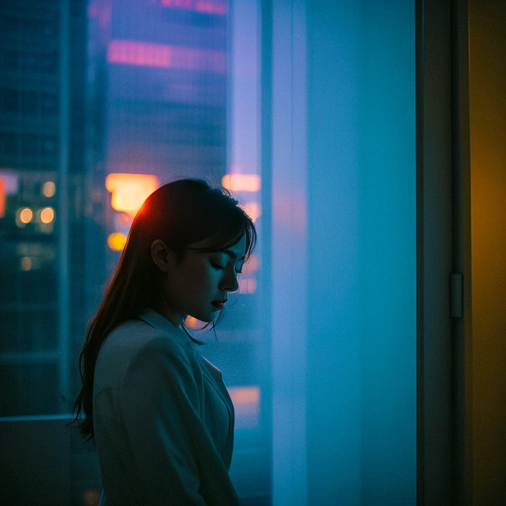 "A room in a high-rise building、There is a large window with a view of the city at night.。The room is dimly lit、A young woman is in the arms of a man。She buried her face in his chest、A tear runs down my cheek from my eye。The man is sleeping with his eyes closed and a calm expression on his face。In the room, as if to symbolize her feelings,、A pale blue light floats、Outside the window, the neon lights of the city shine brightly.。To express the silence of the night、Based on deep blue and navy blue、Bright colors of neon lights（red、yellow、pink, etc.）The accent is。The room is lit with a warm orange light.、The woman&#39;s tears are highlighted in cold blue。There is a sense of sadness and loneliness、The pain of not being loved、The quiet, introverted atmosphere expresses the feelings of a woman caught between moments of peace.。", High resolution, masterpiece, highest quality, Intricate details, Very detailed, Clear focus, Delicate skin, practical skin texture, texture, Delicate eyes, Professional, 4K, Shot with Canon, 85mm, Shallow and deep,  Kodak Vision Color, Exactly, Very detailed, photograph_\(Extremist\), photographpractical, practical, Post-processing, Maximum details, Roughness, Real Life, Extremist practical, Photorealism, photographgraphy, 8K Ultra HD, photographgraphy