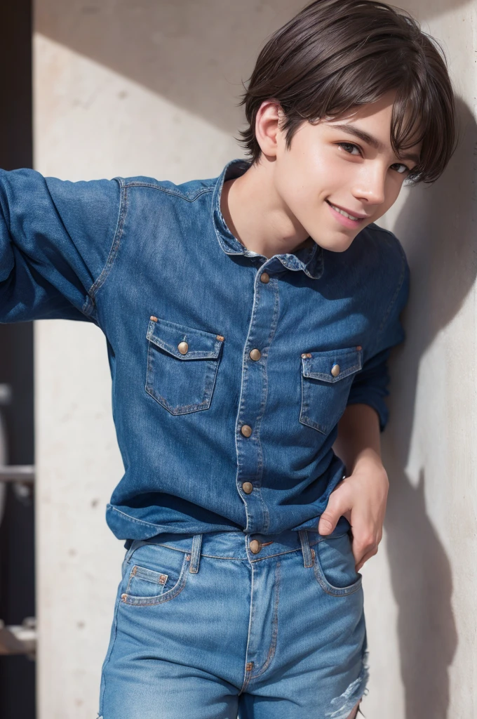 Brunette Brazilian boy short straight hair amber eyes slanted eyes smiling defined body in denim shorts 