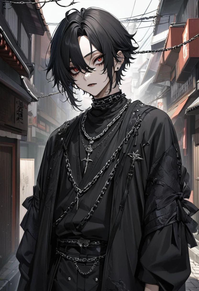 Japanese boy gothic style, de roupa preta, cabelo preto liso, pelo realista, adulto, olhos azuis, chains on the neck, andando na rua 