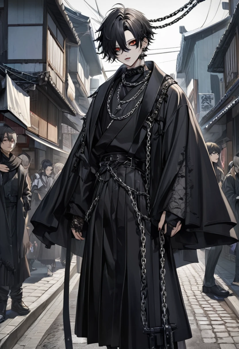 Japanese boy gothic style, de roupa preta, cabelo preto liso, pelo realista, adulto, olhos azuis, chains on the neck, andando na rua 